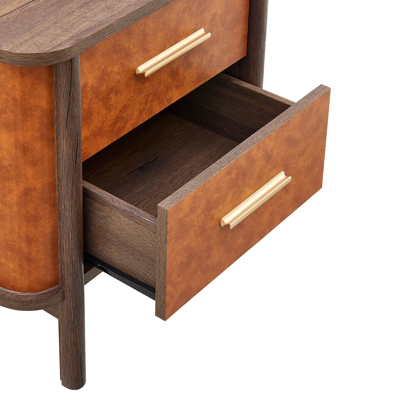 Nightstand with bottom drawer open revealing spacious wood-grain storage and warm vegan leather finish || MOD-7237-WAL-TAN || front_angle_open_studio
