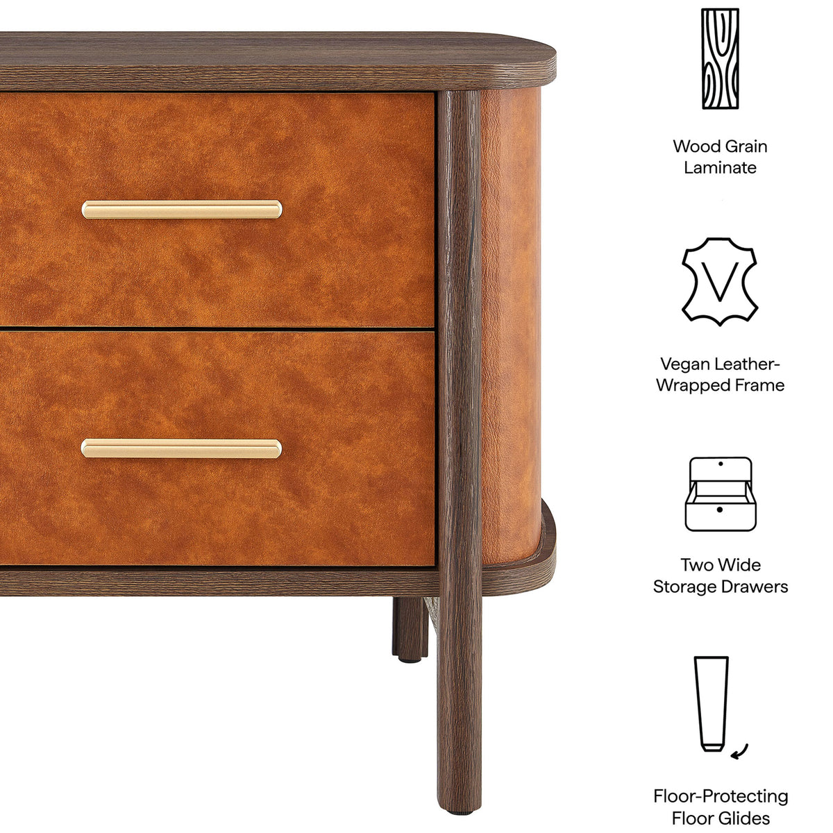 Wood-grain laminate top, vegan leather-wrapped frame, wide storage drawers, and floor-protecting glides || MOD-7237-WAL-TAN || callout_studio