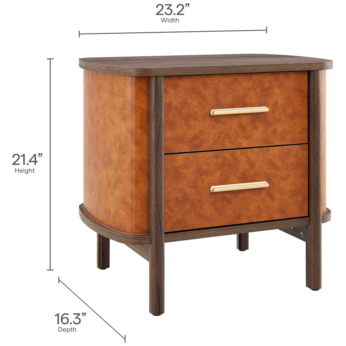 Compact curved nightstand with 23.2 inch width, 21.4 inch height, and 16.3 inch depth for versatile bedside storage || MOD-7237-WAL-TAN || dimension_studio