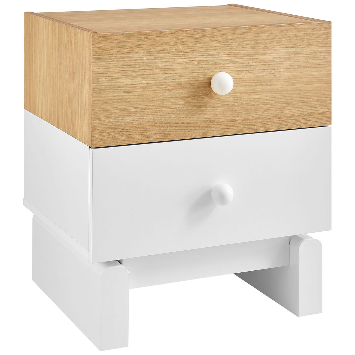 Two-tone oak and white nightstand with color-block design, round knobs, and raised block legs || MOD-7238-OAK-WHI || front_angle_studio