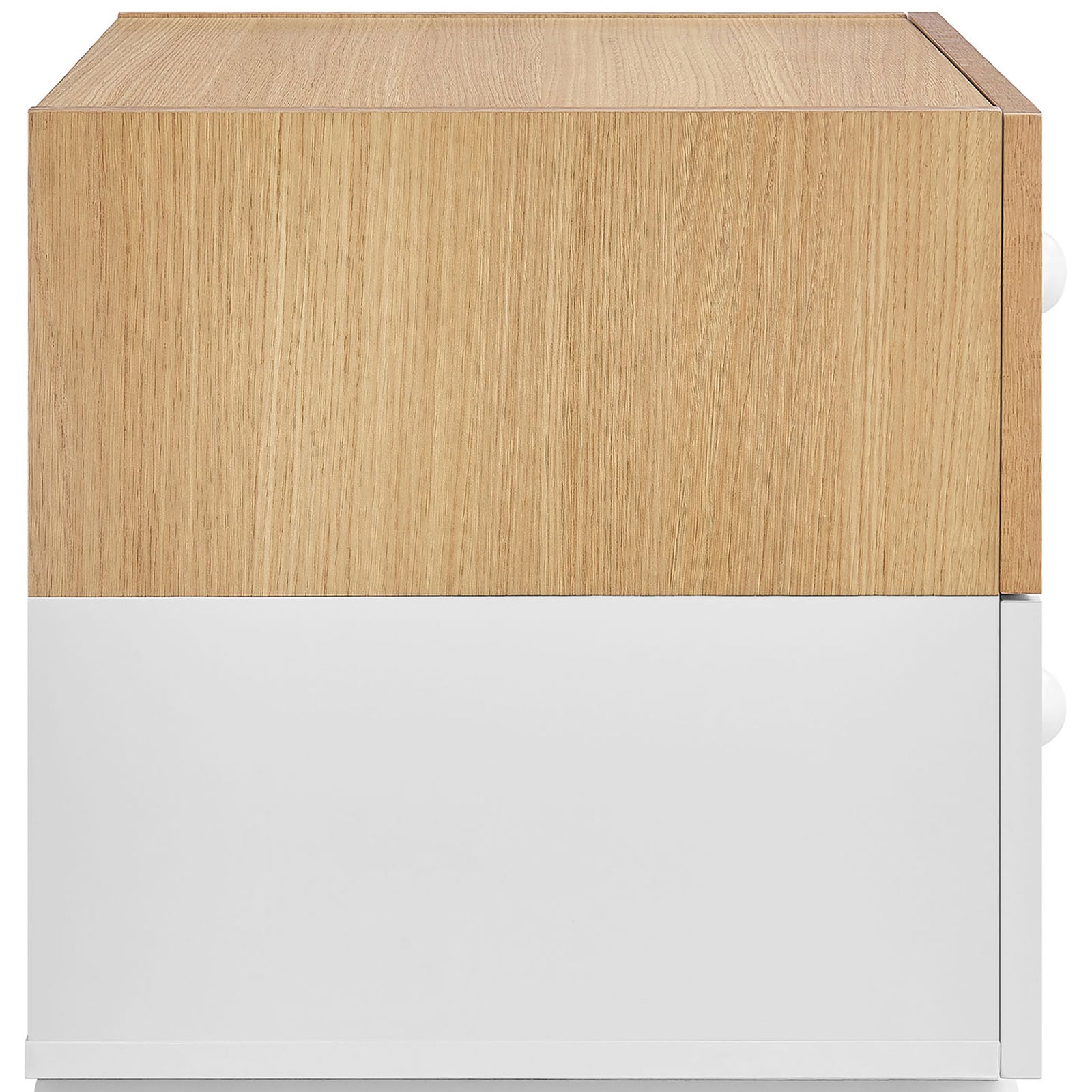 Compact oak and white nightstand with clean lines and a modern block base || MOD-7238-OAK-WHI || side_studio