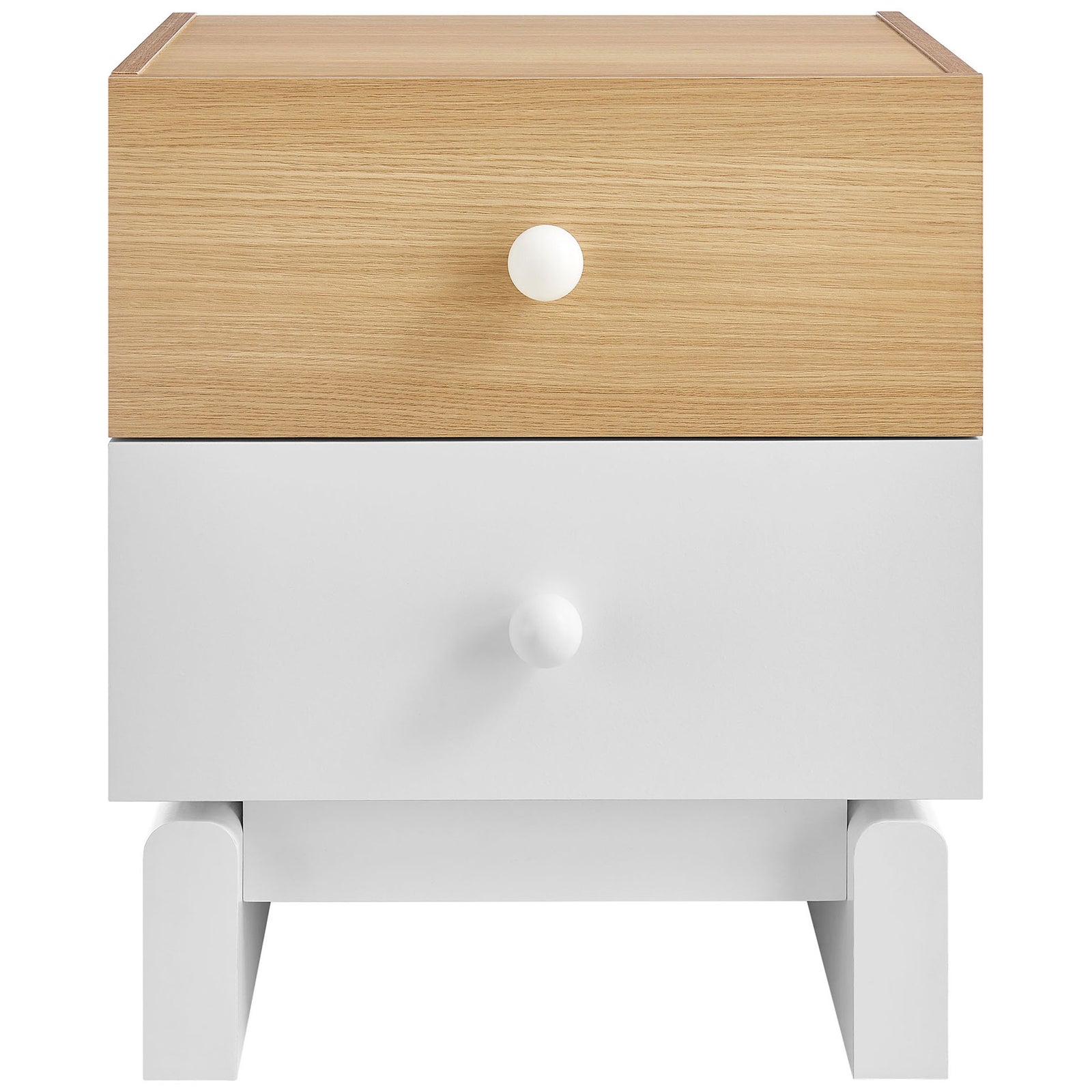 Oak and white two-drawer nightstand with smooth color-block panels and round knobs || MOD-7238-OAK-WHI || front_studio