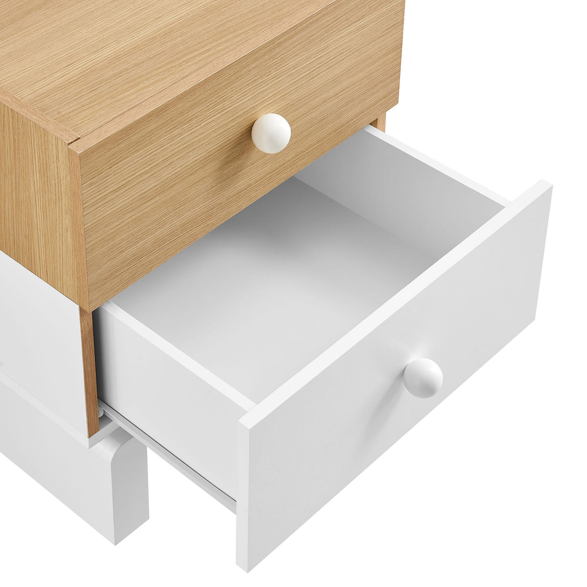 Oak and white nightstand with both drawers open to reveal generous storage space || MOD-7238-OAK-WHI || storage_open_studio