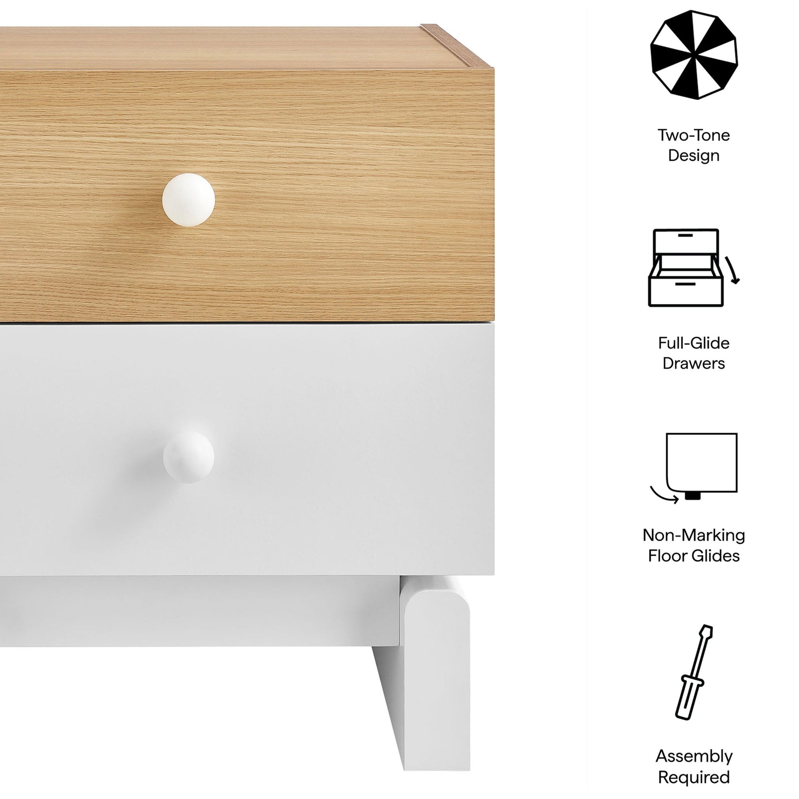 Two-tone Nolia nightstand highlighting color-block design, full-glide drawers, and non-marking floor glides || MOD-7238-OAK-WHI || callout_studio