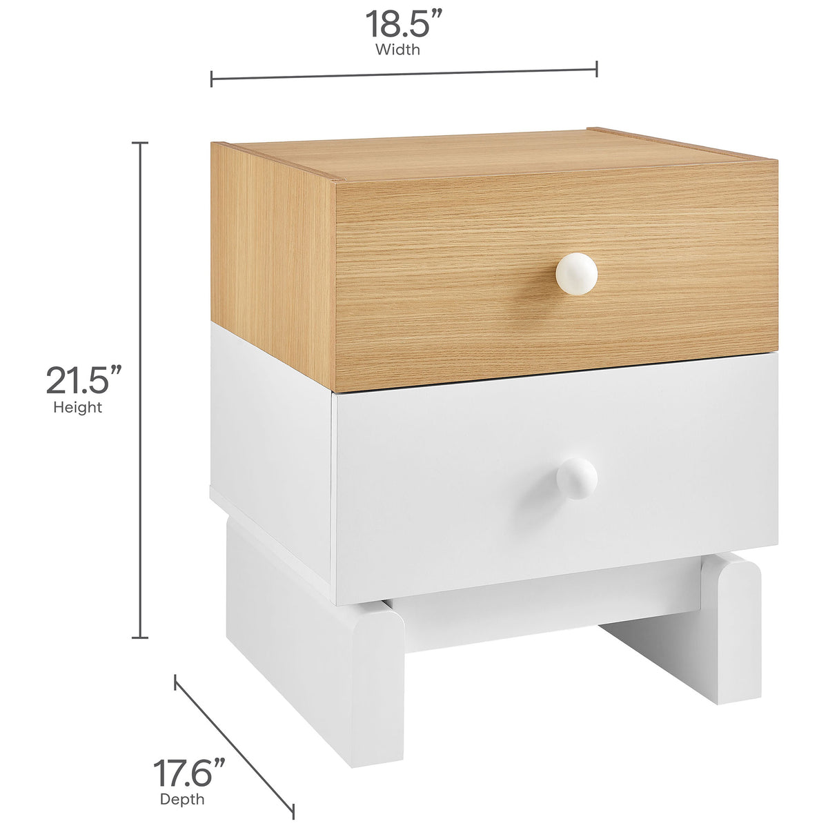 Nolia nightstand with clearly labeled height, width, and depth dimensions for easy planning || MOD-7238-OAK-WHI || dimension_studio