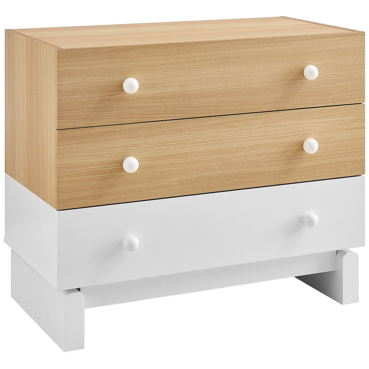 Two-tone oak and white 3-drawer dresser with rounded knobs and block legs || MOD-7239-OAK-WHI || front_angle_studio
