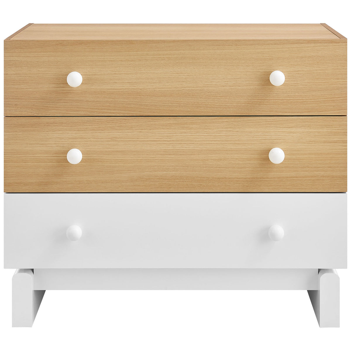 Compact oak and white 3-drawer dresser with simple round knobs for modern bedrooms || MOD-7239-OAK-WHI || front_studio