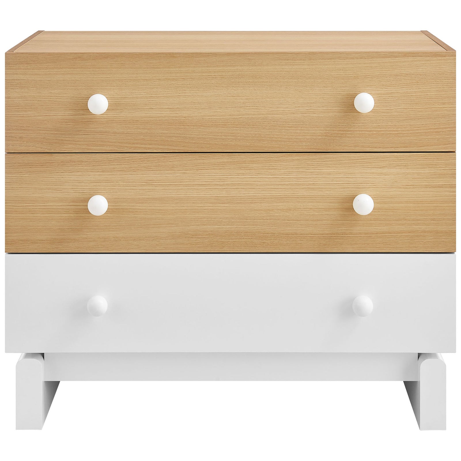 Compact oak and white 3-drawer dresser with simple round knobs for modern bedrooms || MOD-7239-OAK-WHI || front_studio