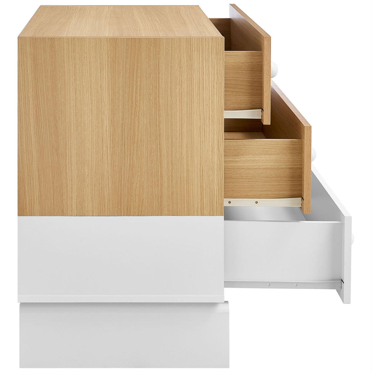 Color-block dresser with drawers open to reveal spacious interior storage || MOD-7239-OAK-WHI || side_open_studio