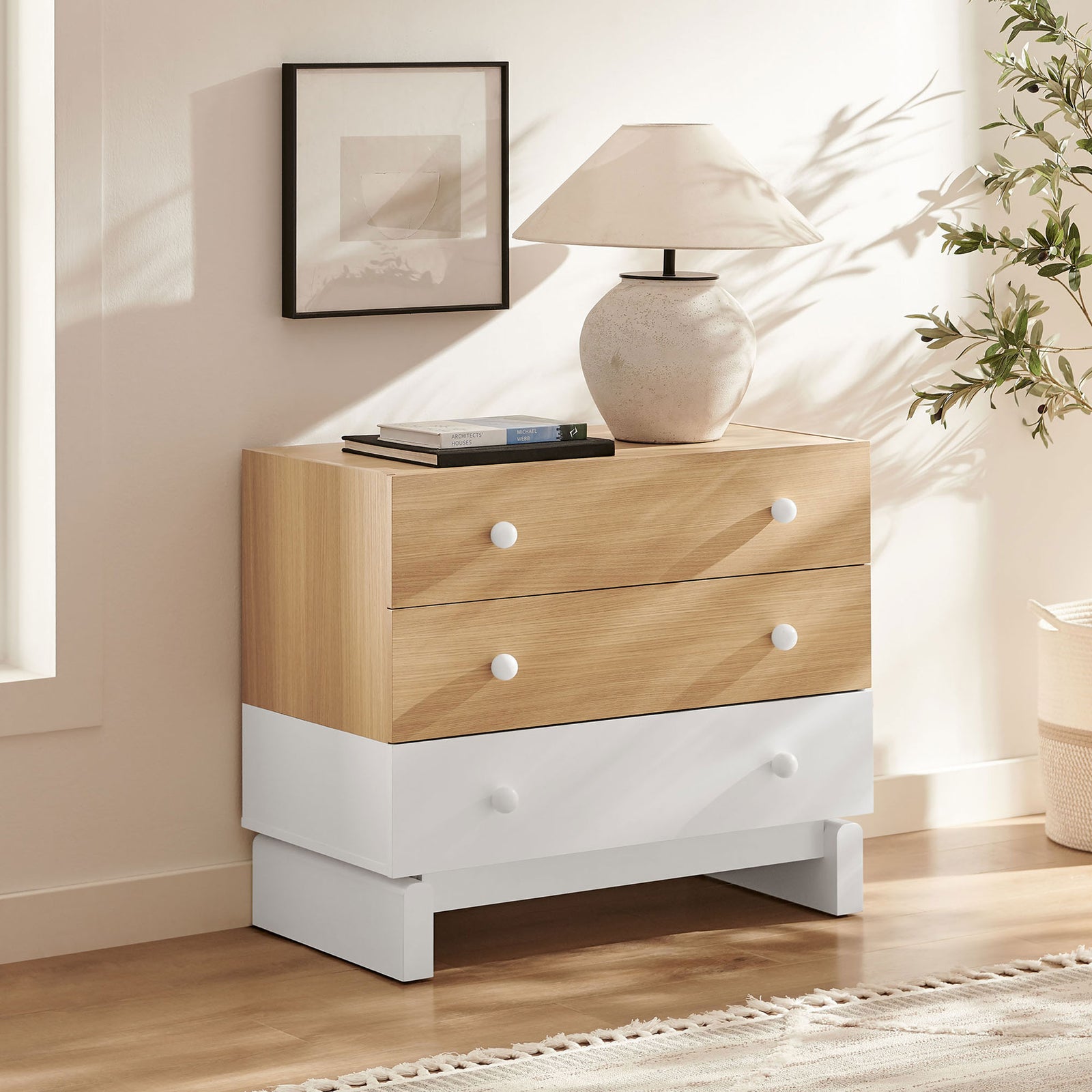 Nolia oak and white dresser styled in a bright bedroom with lamp and wall art || MOD-7239-OAK-WHI || front_angle_room