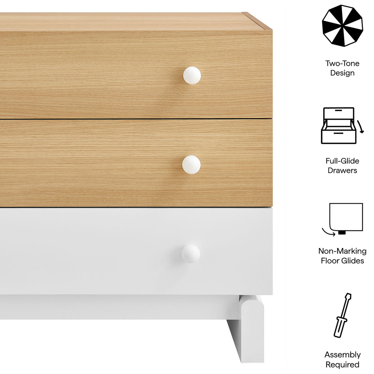 Nolia dresser detail with icons highlighting two-tone design and easy-glide drawers || MOD-7239-OAK-WHI || callout_studio