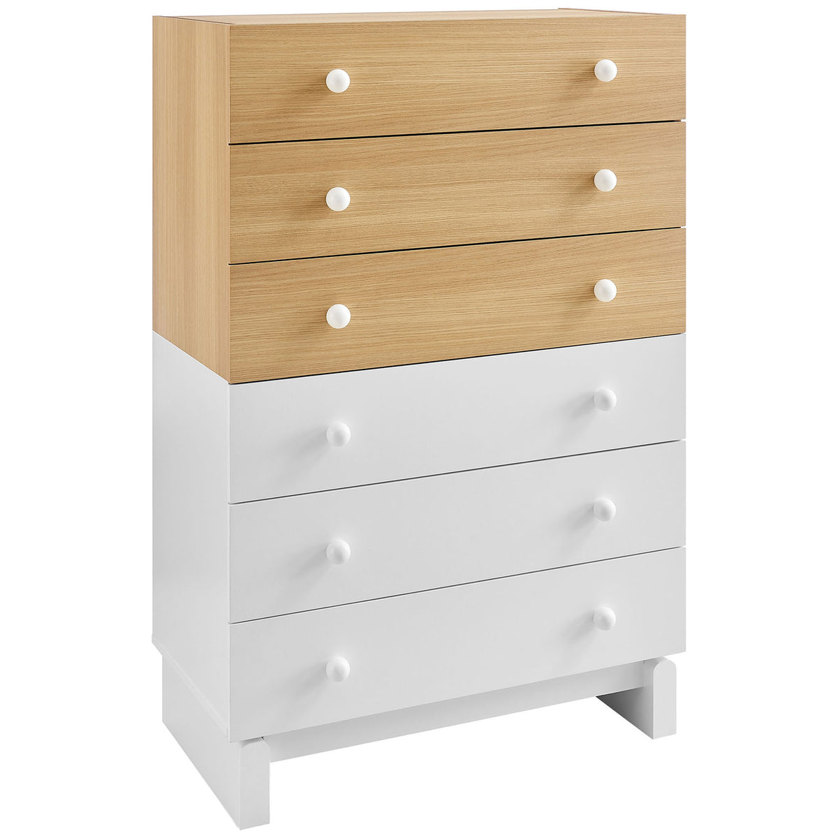 Two-tone oak and white six-drawer dresser chest with round white knobs and raised block base. || MOD-7240-OAK-WHI || front_angle_studio