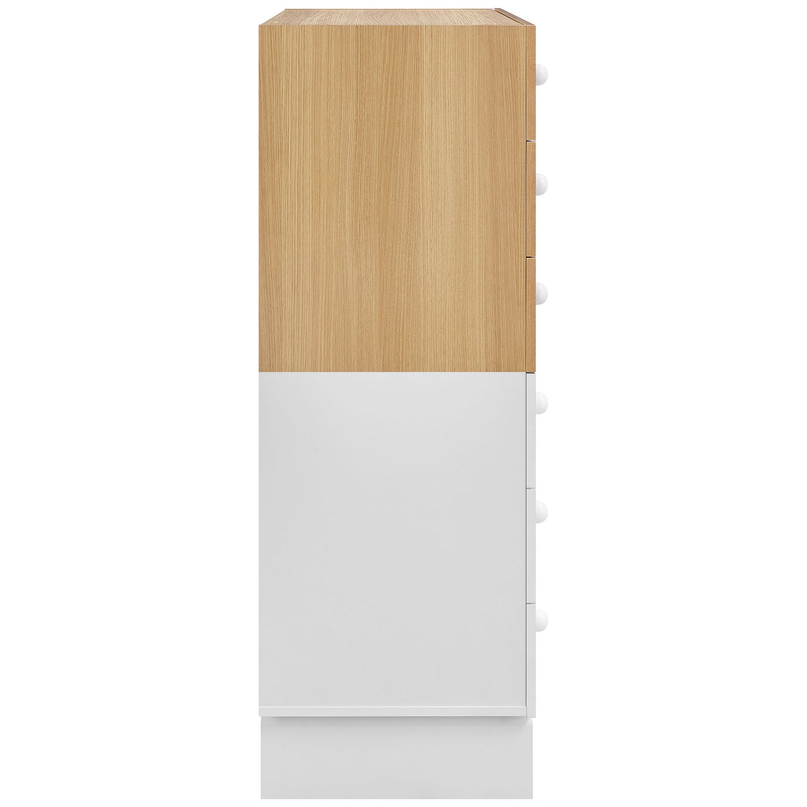 Slim vertical dresser showcasing oak wood-grain sides above a smooth white lower cabinet and plinth base. || MOD-7240-OAK-WHI || side_studio