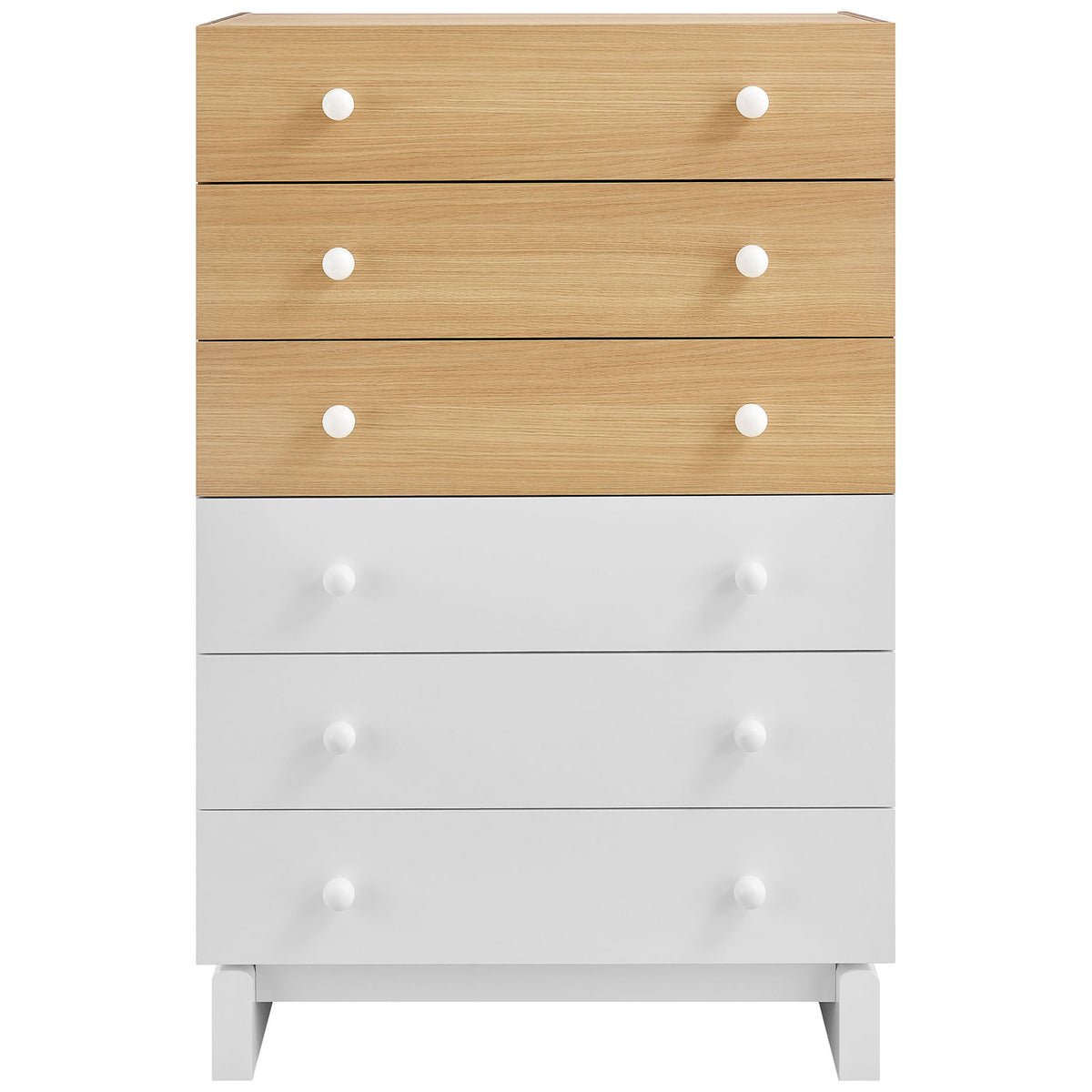 Tall color-block dresser with three oak-finish drawers over three white drawers and simple round pulls. || MOD-7240-OAK-WHI || front_studio