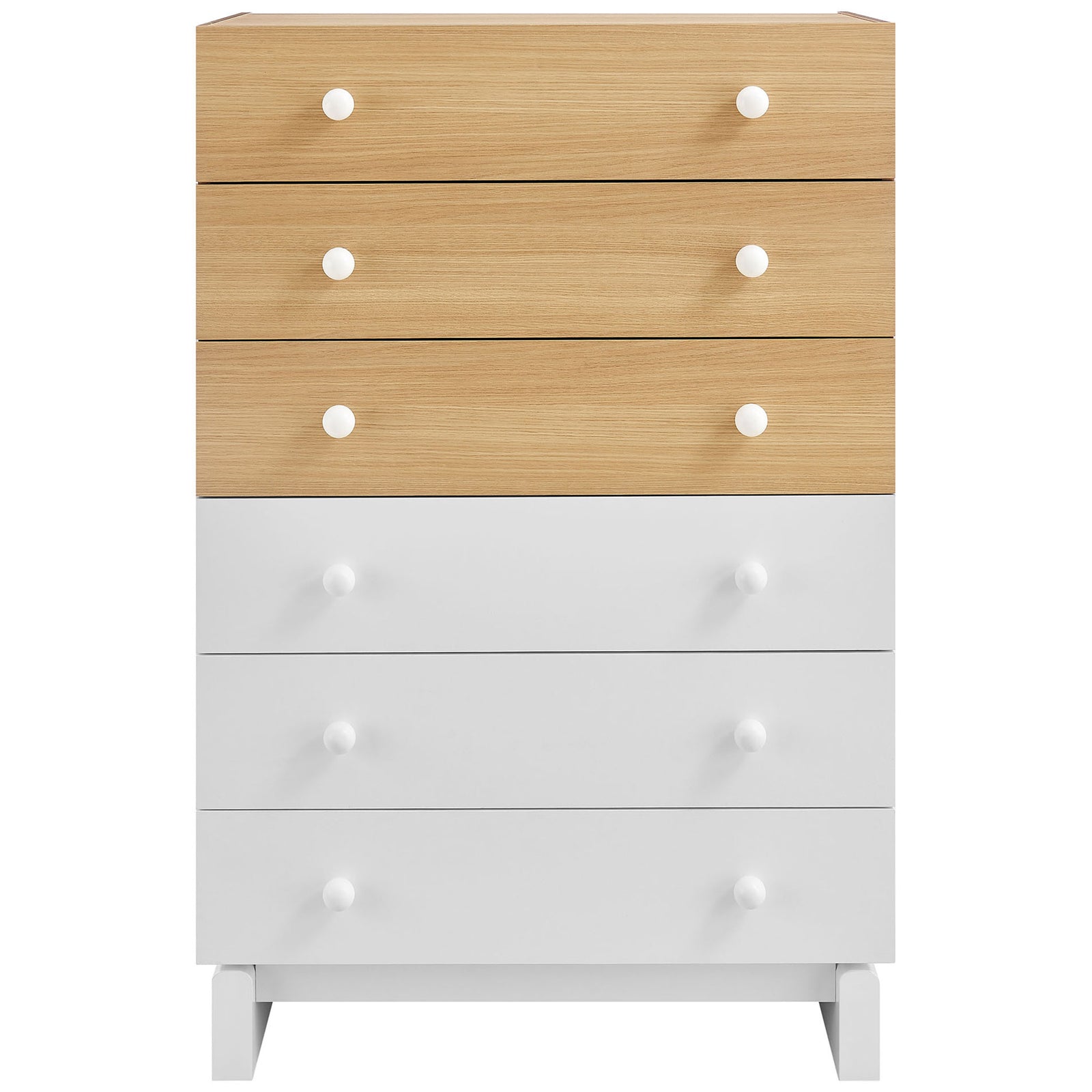 Tall color-block dresser with three oak-finish drawers over three white drawers and simple round pulls. || MOD-7240-OAK-WHI || front_studio