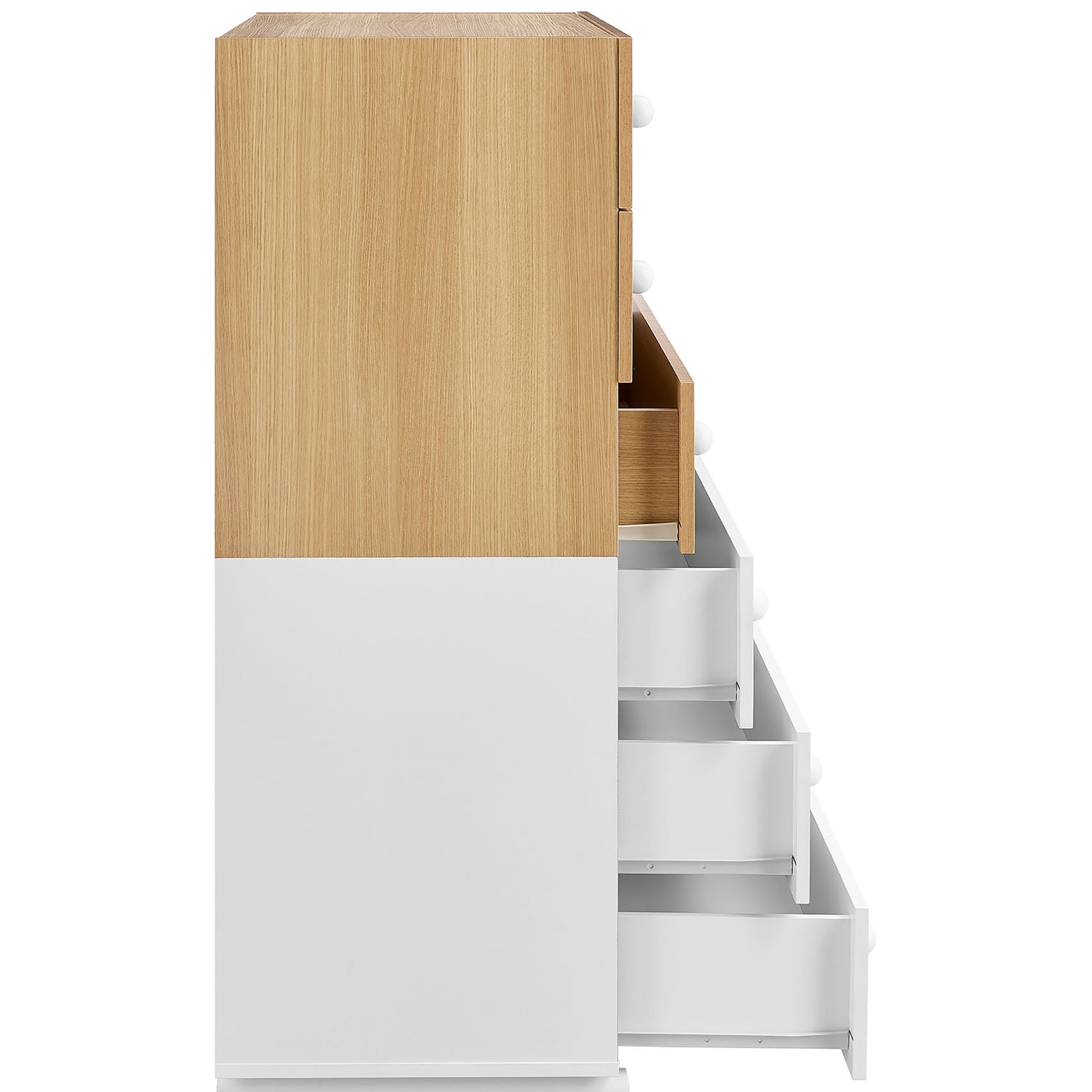Dresser shown with multiple full-extension drawers open to reveal spacious, easy-access storage. || MOD-7240-OAK-WHI || side_open_studio