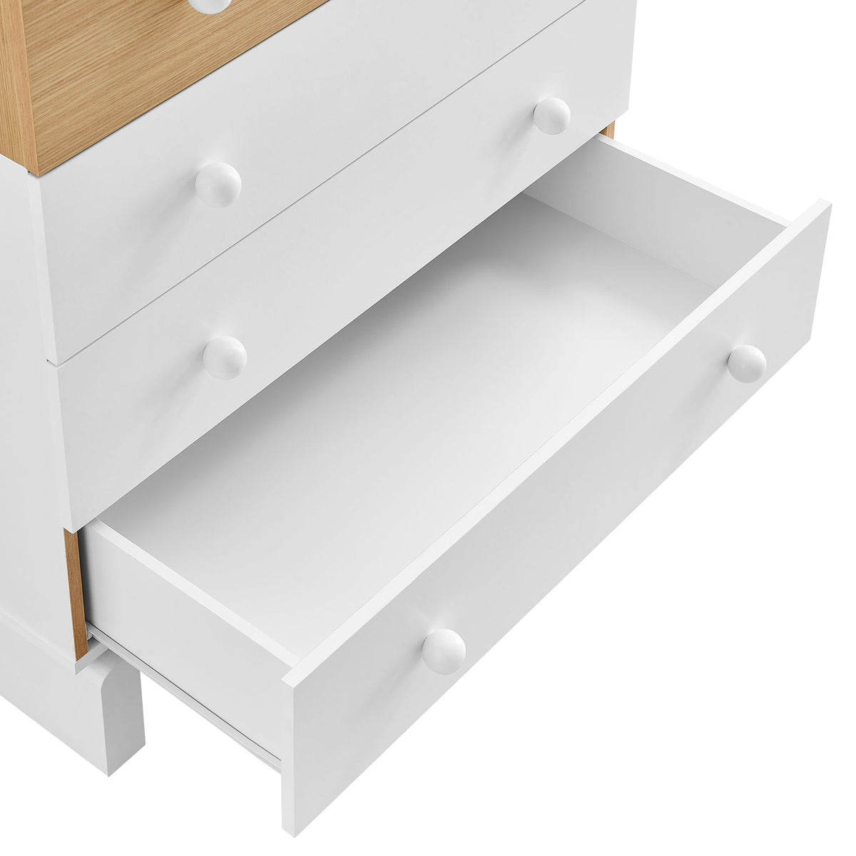 Wide lower drawer pulled open to reveal a clean white interior ready for folded clothes or linens. || MOD-7240-OAK-WHI || storage_open_studio