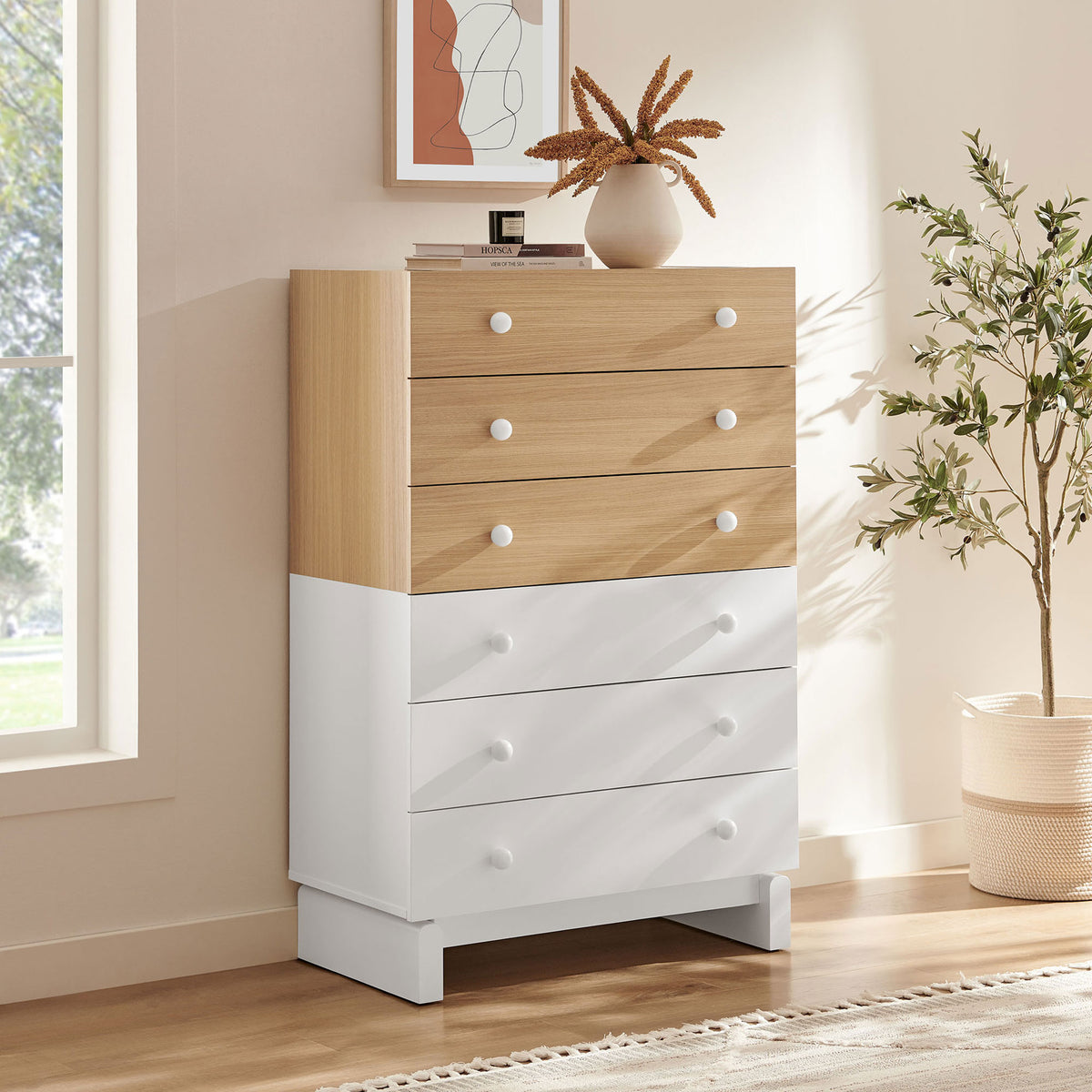 Two-tone dresser styled in a bright bedroom with decor accents for a light, modern focal point. || MOD-7240-OAK-WHI || front_angle_room