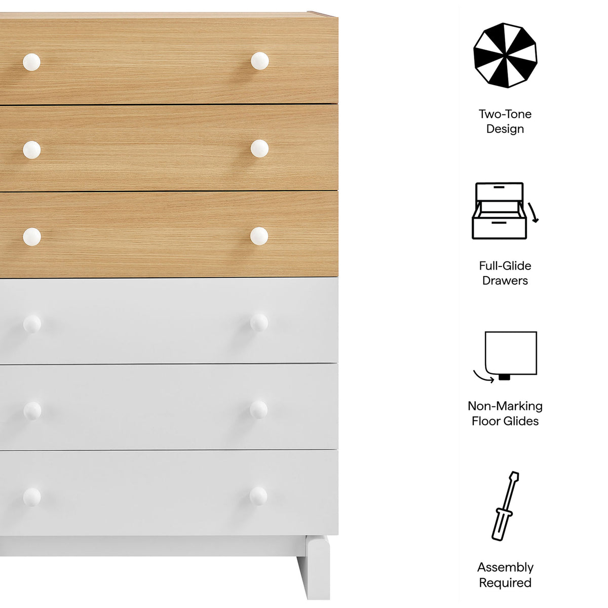 Feature graphic of the Nolia dresser highlighting two-tone design, full-glide drawers, and non-marking floor glides. || MOD-7240-OAK-WHI || callout_studio