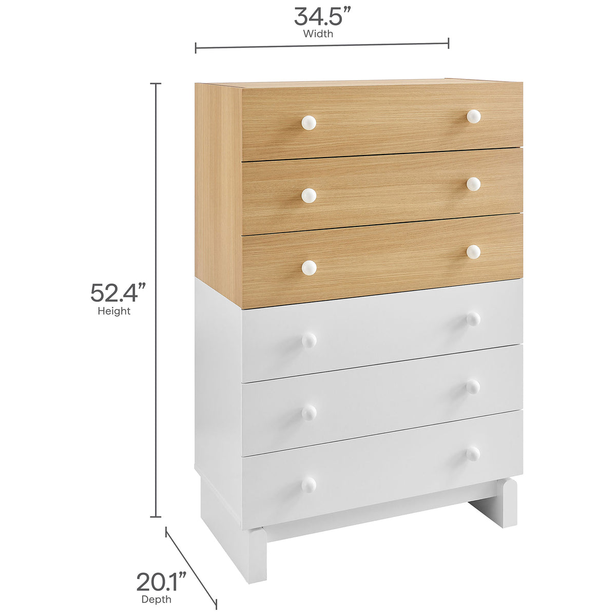 Dimension graphic of the Nolia dresser showing overall height, width, and depth measurements. || MOD-7240-OAK-WHI || dimension_studio