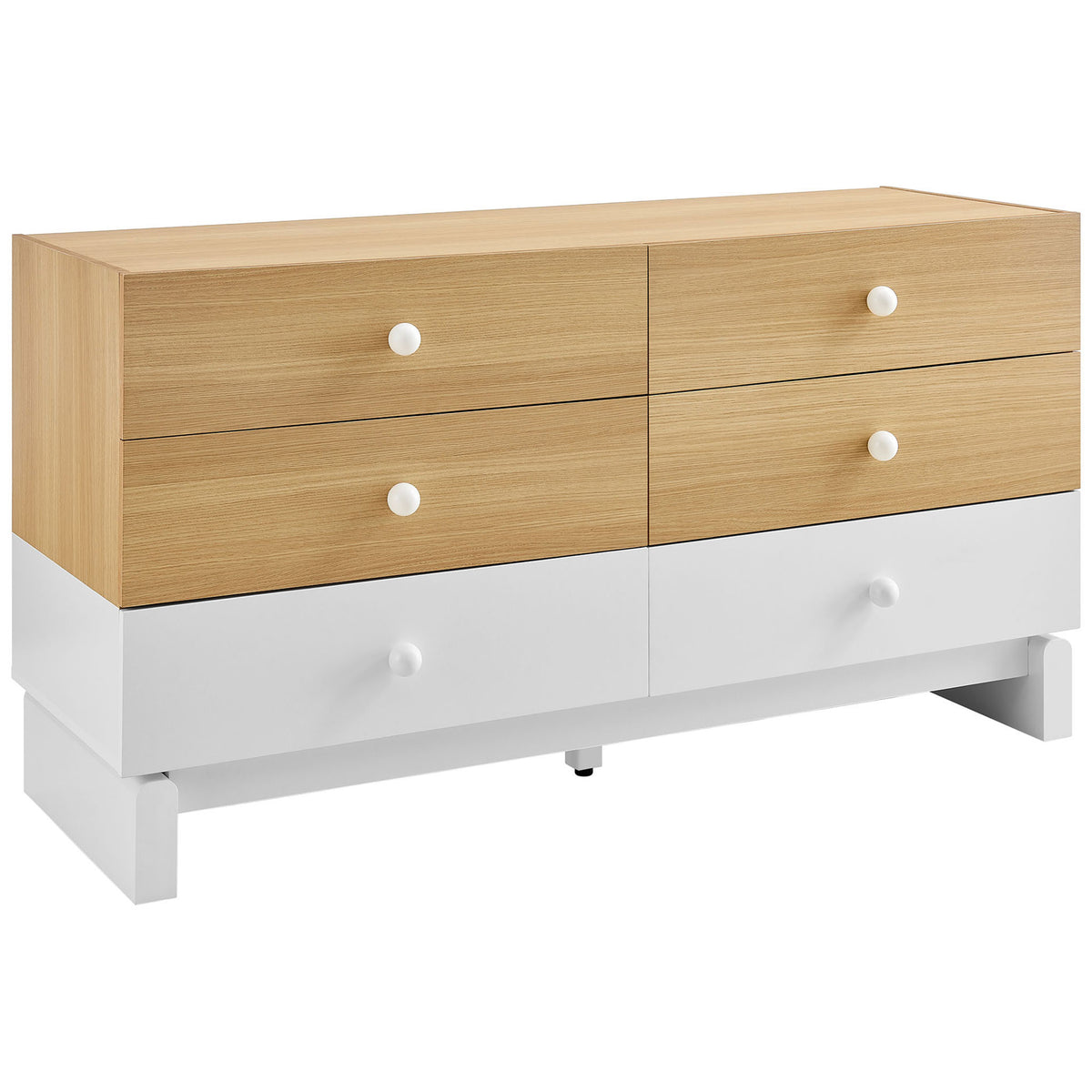 Two-tone oak and white six-drawer dresser with round white knobs and modern block leg base || MOD-7241-OAK-WHI || front_angle_studio