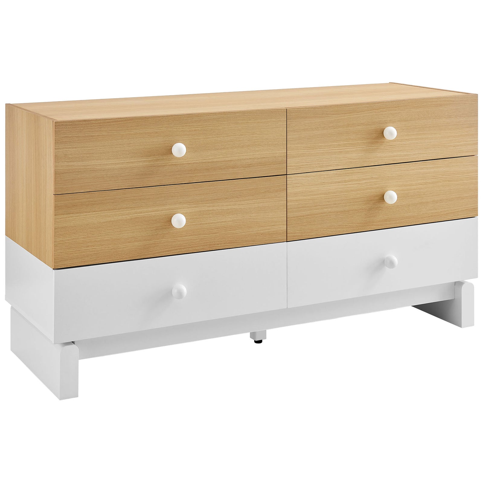 Two-tone oak and white six-drawer dresser with round white knobs and modern block leg base || MOD-7241-OAK-WHI || front_angle_studio