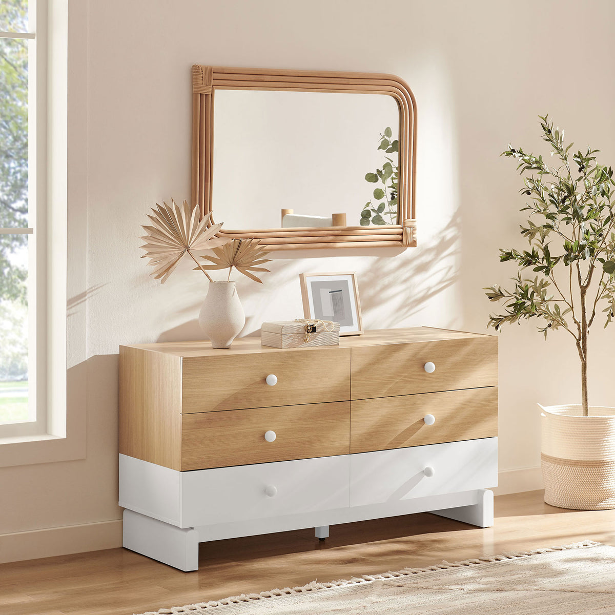 Two-tone dresser styled with mirror, vase, and greenery for a light, airy bedroom look || MOD-7241-OAK-WHI || front_angle_room