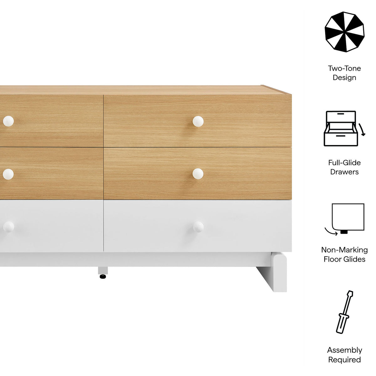 Feature icons highlight two-tone design, full-glide drawers, non-marking glides, and easy assembly || MOD-7241-OAK-WHI || callout_studio