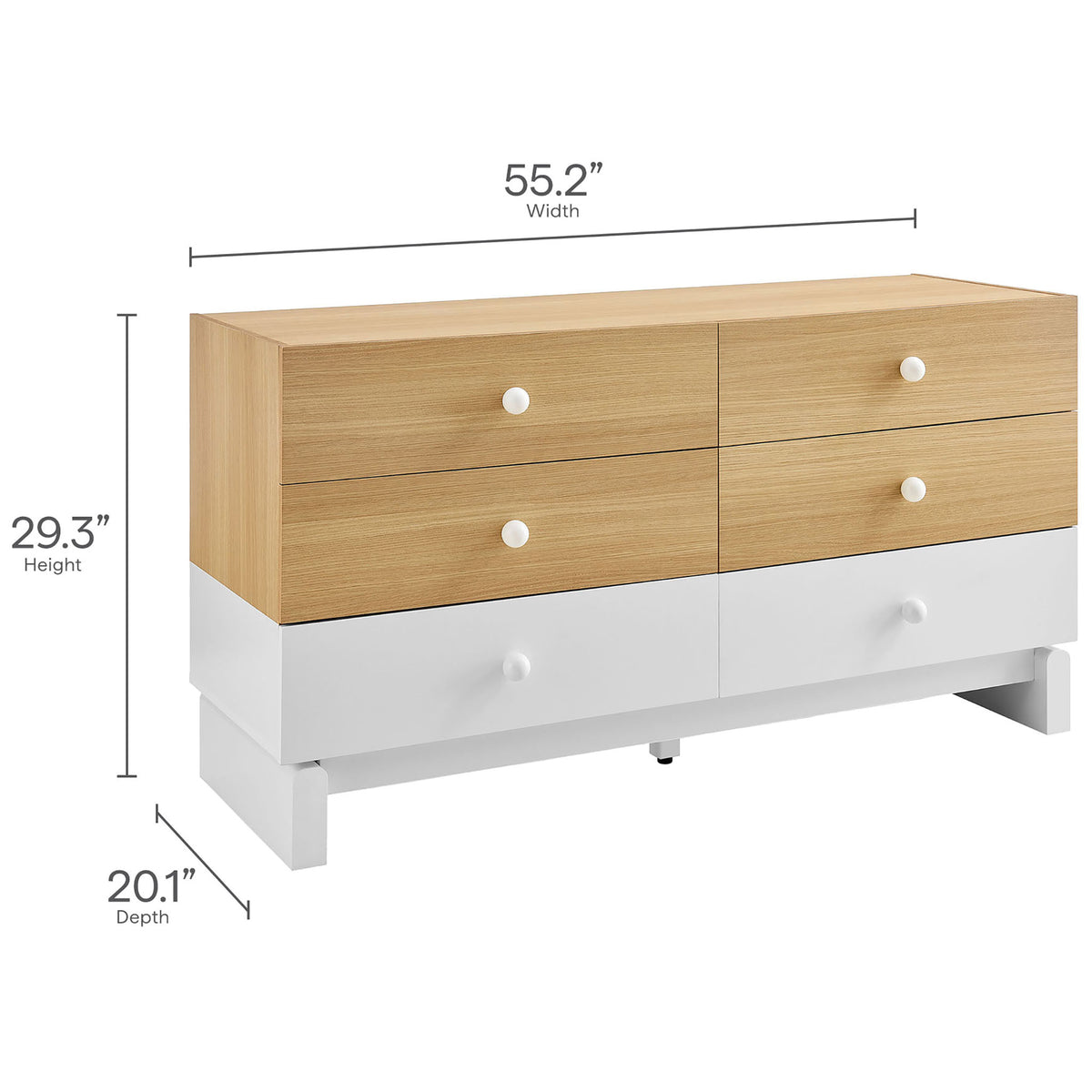 Dimension diagram of the Nolia six-drawer dresser showing width, height, and depth measurements || MOD-7241-OAK-WHI || dimension_studio