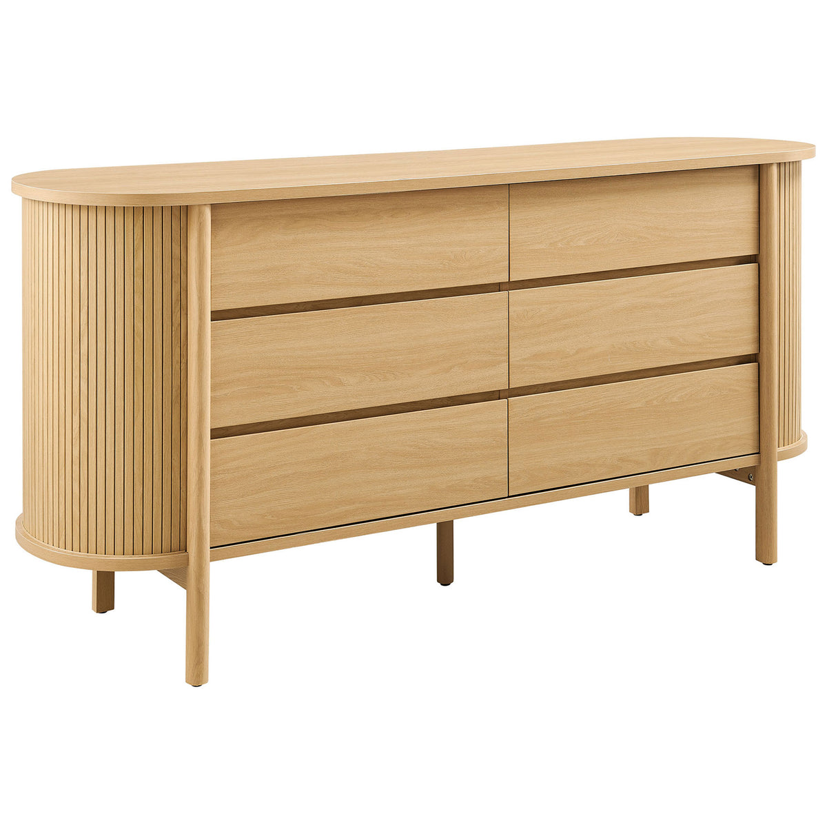 Curved oak dresser with fluted side panels and six smooth-front drawers on slender cylindrical legs || MOD-7242-OAK || front_angle_studio