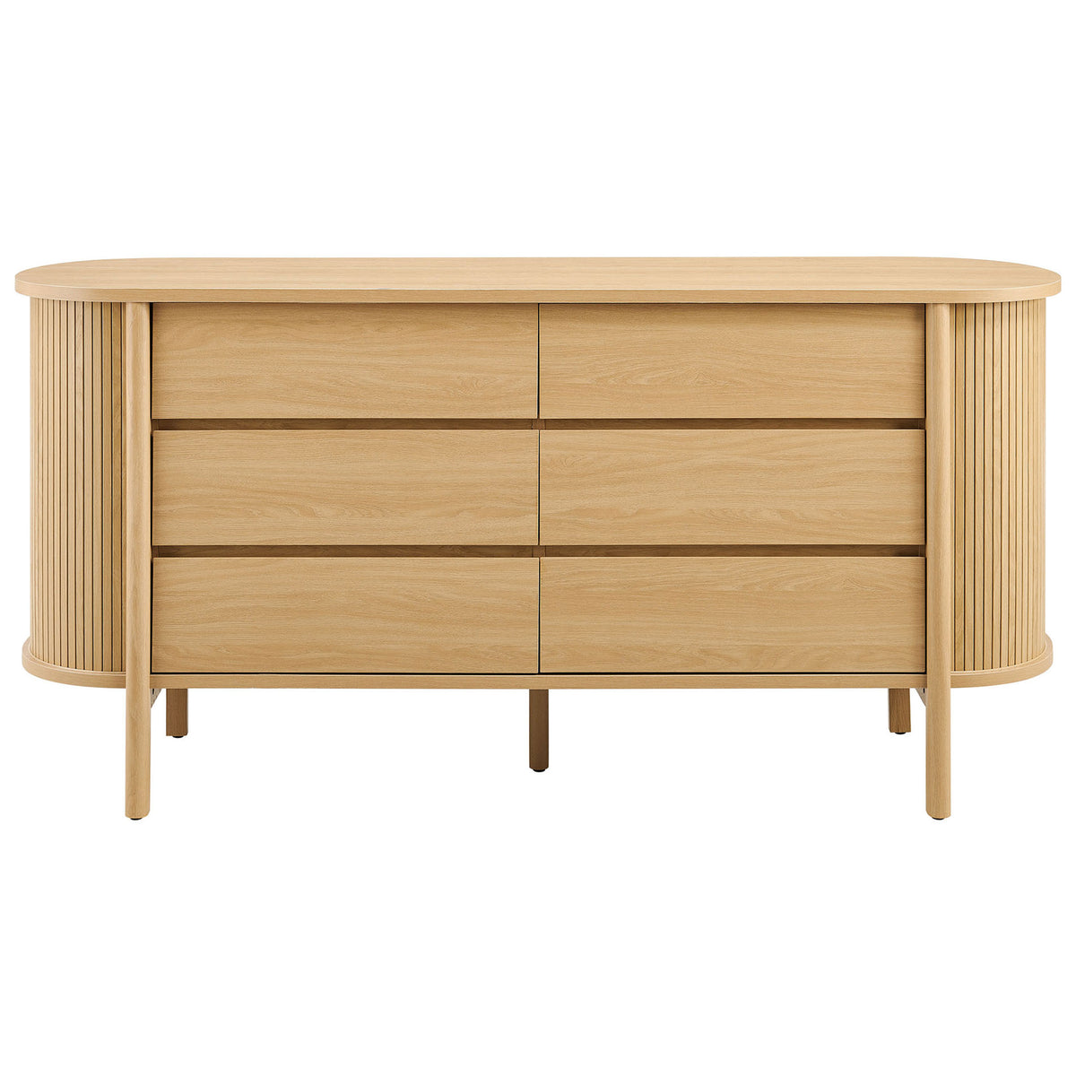 Front view of six-drawer oak dresser with smooth fronts and softly rounded corners || MOD-7242-OAK || front_studio