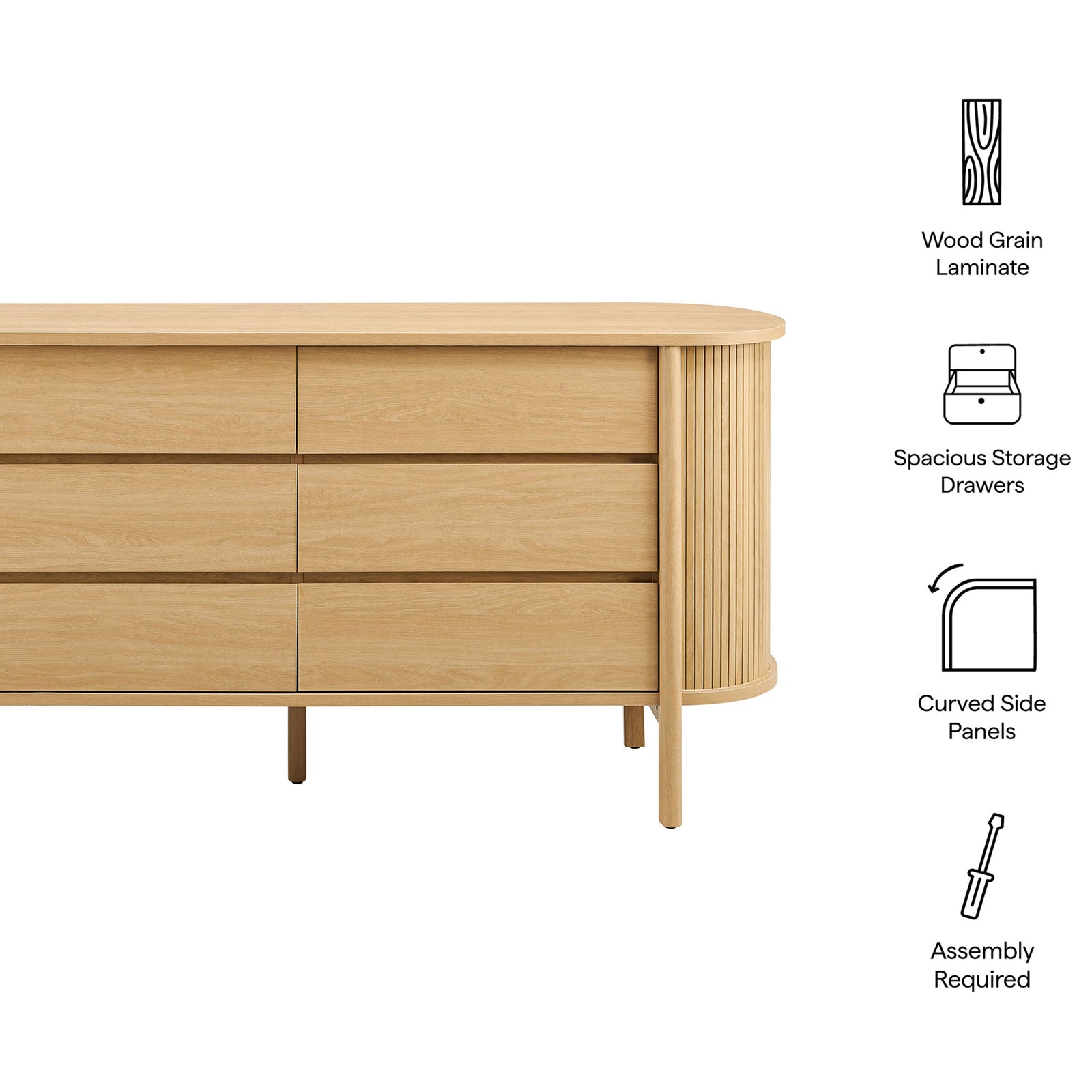 Feature graphic highlighting wood grain laminate, curved side panels, and spacious storage drawers on the dresser || MOD-7242-OAK || callout_studio