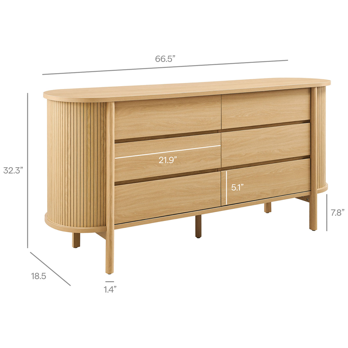 Dimensional diagram of the curved six-drawer oak dresser with labeled height, width, and drawer measurements || MOD-7242-OAK || dimension_studio