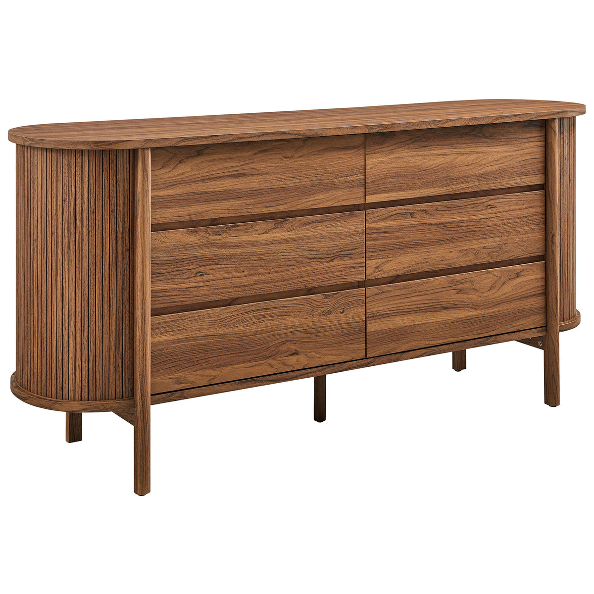 Curved walnut 6-drawer dresser with fluted side panels and slim cylindrical legs || MOD-7242-WAL || front_angle_studio