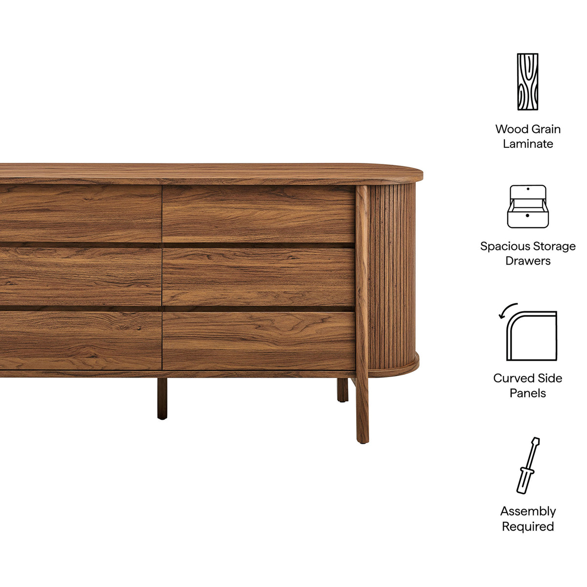 Walnut dresser with wood grain laminate, spacious storage drawers, curved side panels, and easy assembly || MOD-7242-WAL || callout_studio