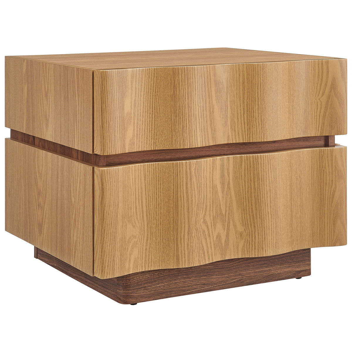 Modern Isola nightstand with two wave-front drawers resting on a contrasting walnut plinth base || MOD-7243-LOA-WAL || front_angle_studio