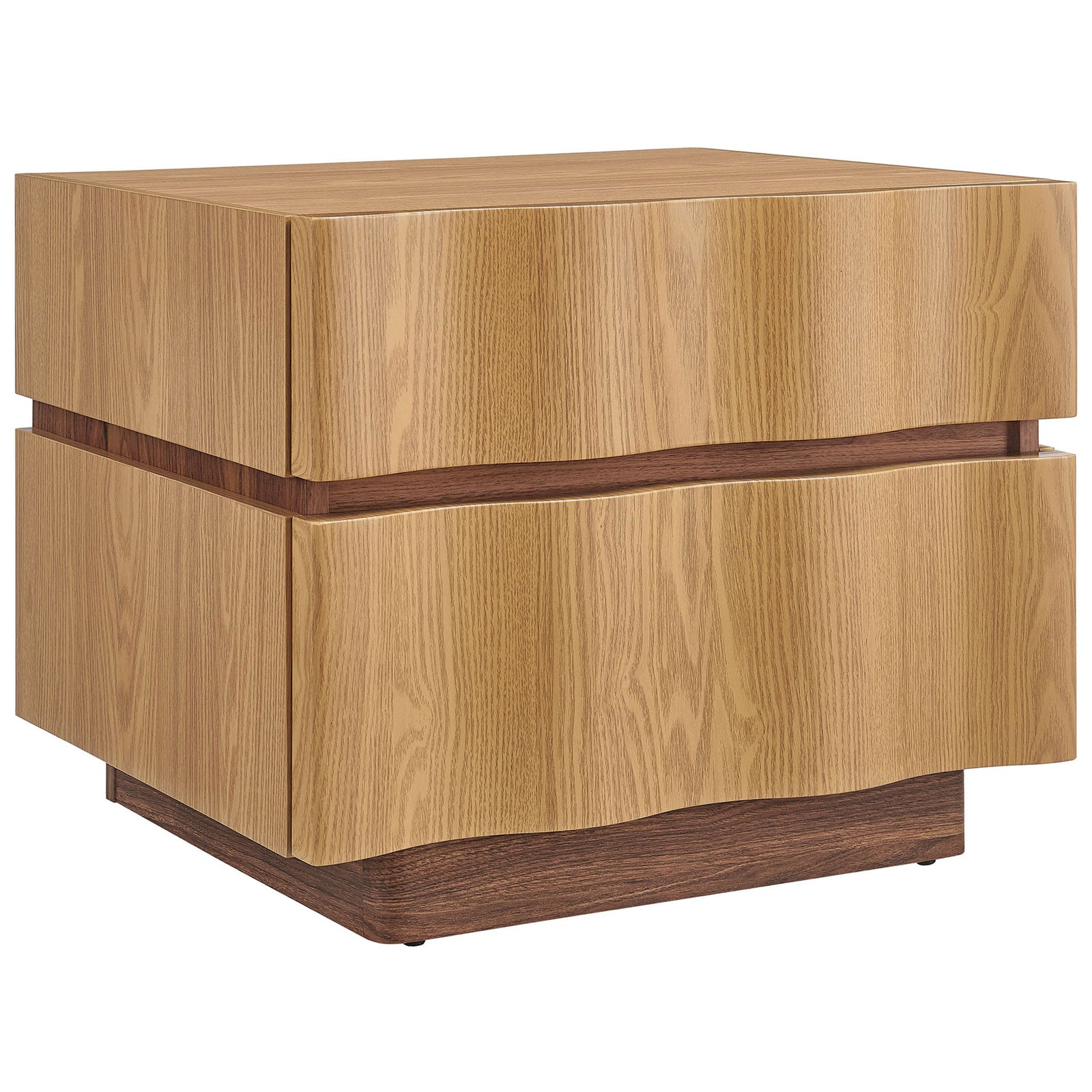 Modern Isola nightstand with two wave-front drawers resting on a contrasting walnut plinth base || MOD-7243-LOA-WAL || front_angle_studio