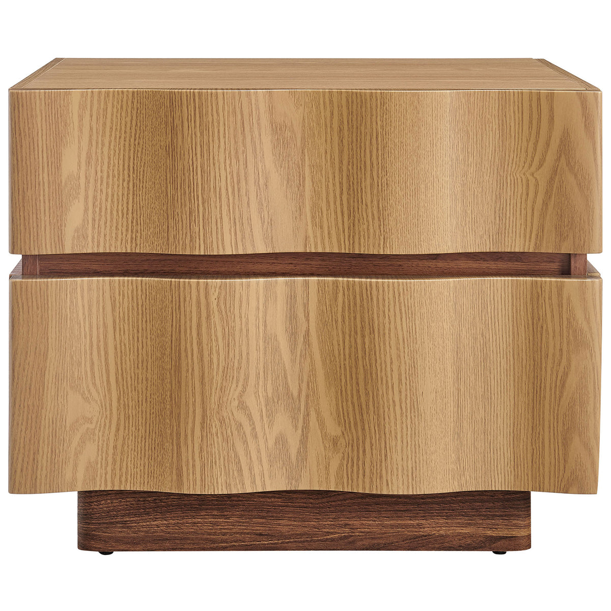 Isola two-drawer nightstand with sculpted wave fronts and a warm light oak walnut finish || MOD-7243-LOA-WAL || front_studio
