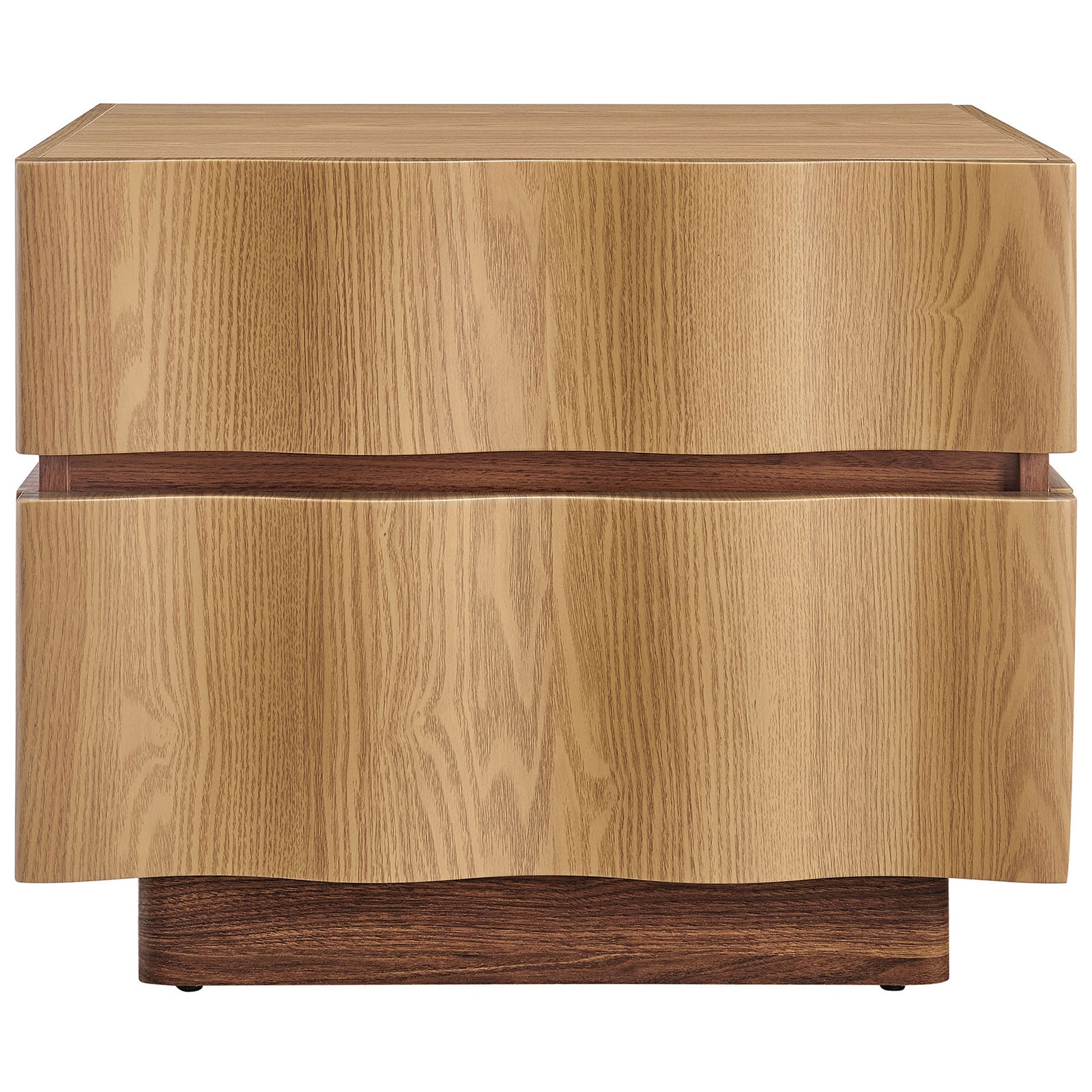 Isola two-drawer nightstand with sculpted wave fronts and a warm light oak walnut finish || MOD-7243-LOA-WAL || front_studio