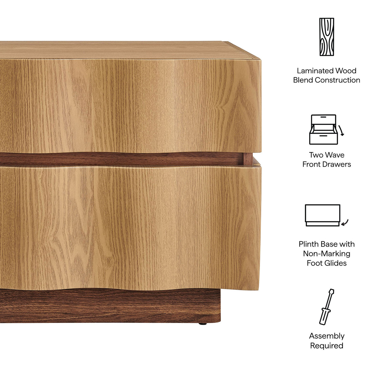Isola nightstand details call out laminated wood blend, dual wave-front drawers, and a sturdy plinth base || MOD-7243-LOA-WAL || callout_studio