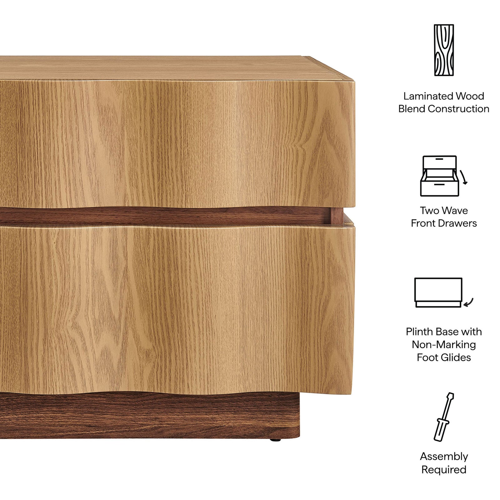 Isola nightstand details call out laminated wood blend, dual wave-front drawers, and a sturdy plinth base || MOD-7243-LOA-WAL || callout_studio
