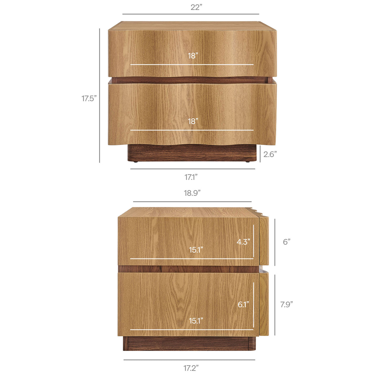 Isola two-drawer nightstand with clear width, height, and drawer depth dimensions for planning || MOD-7243-LOA-WAL || dimension_studio