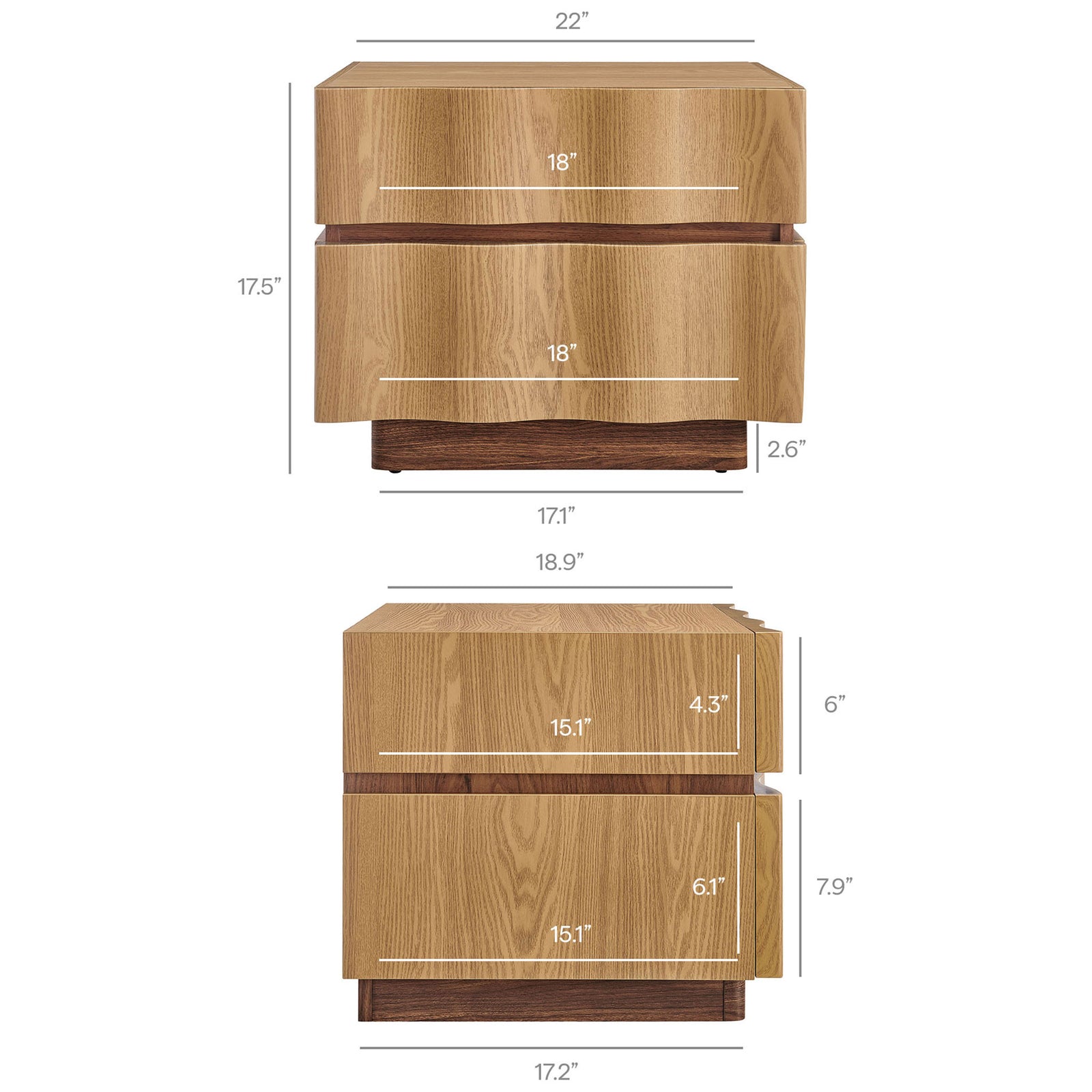 Isola two-drawer nightstand with clear width, height, and drawer depth dimensions for planning || MOD-7243-LOA-WAL || dimension_studio