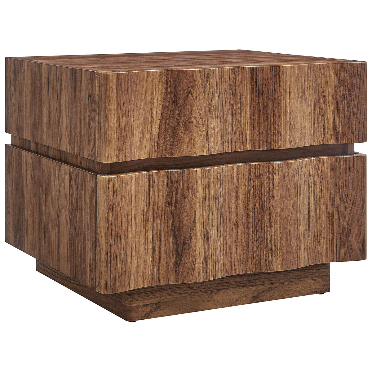 Walnut 2-drawer nightstand with sculpted wave-front design and plinth base || MOD-7243-WAL || front_angle_studio