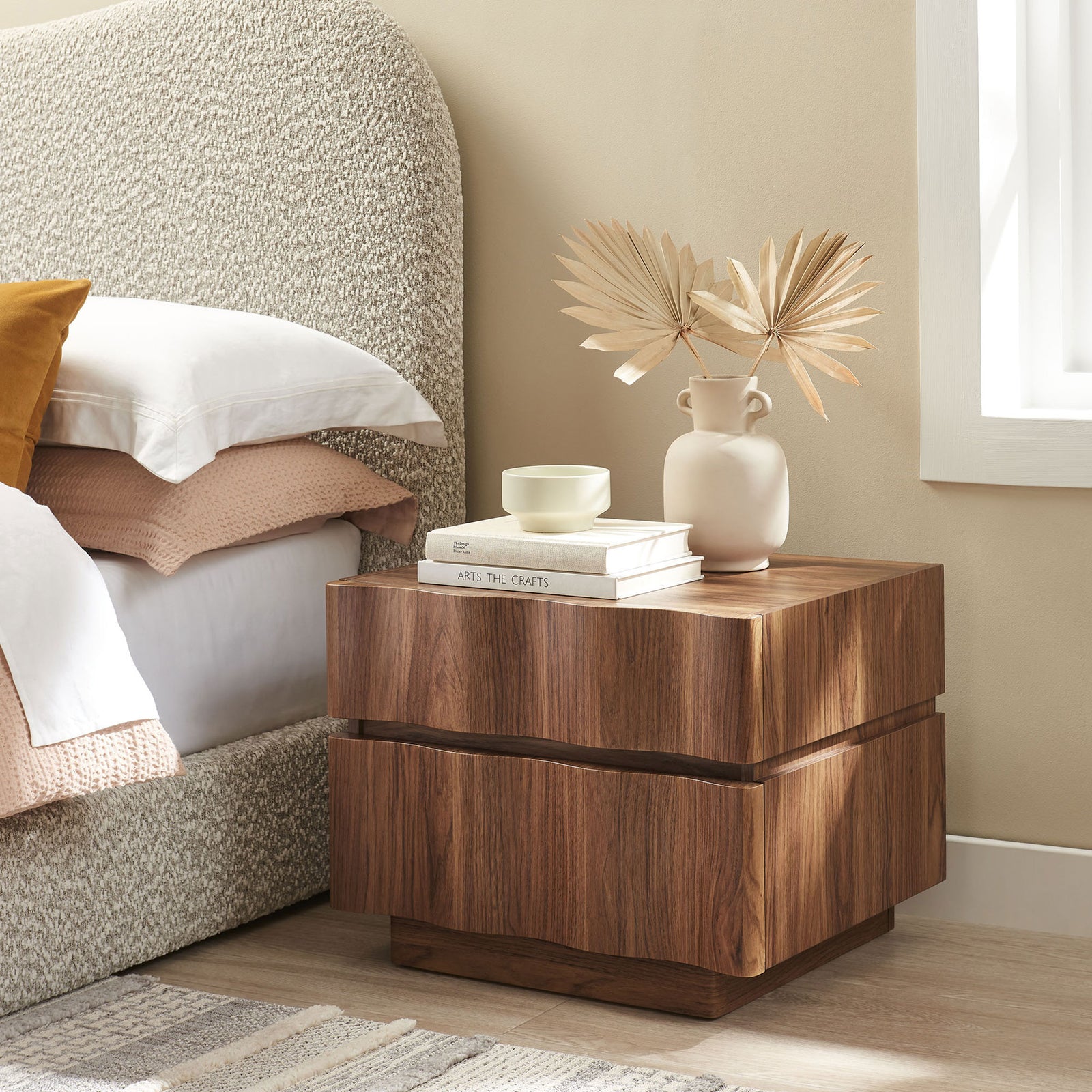 Walnut nightstand adds warm modern style beside a cozy upholstered bed || MOD-7243-WAL || front_angle_room