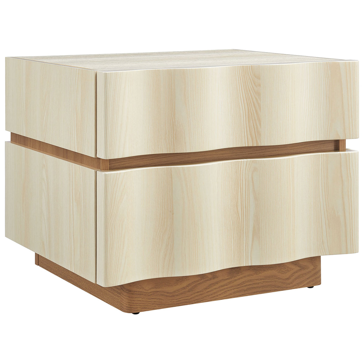 Modern nightstand with sculpted wave-front drawers in light oak atop a contrasting warm wood plinth base. || MOD-7243-WHI-LOA || front_angle_studio