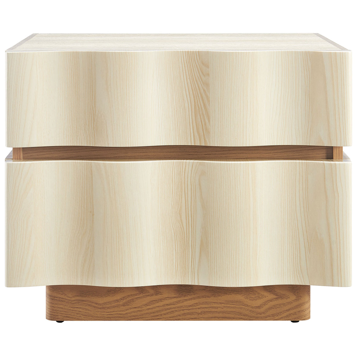 Two-drawer Isola nightstand featuring flowing wave drawer fronts in light oak with a sturdy warm wood base. || MOD-7243-WHI-LOA || front_studio
