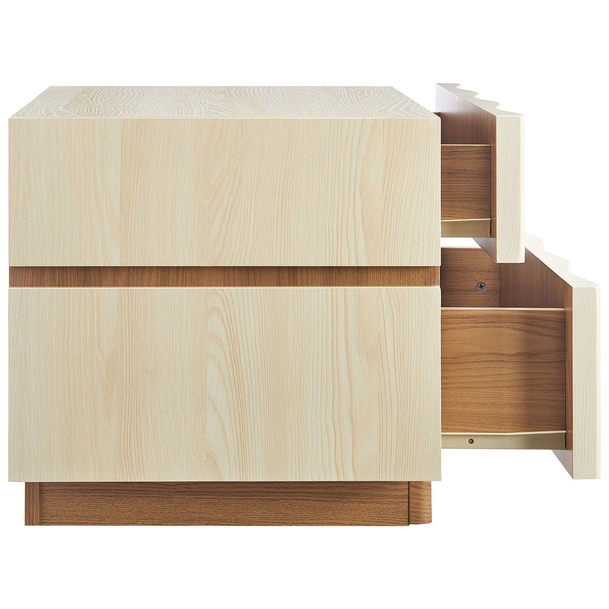 Nightstand with the top drawer open, revealing smooth interior storage and the sculpted wave-front design. || MOD-7243-WHI-LOA || front_angle_open_studio