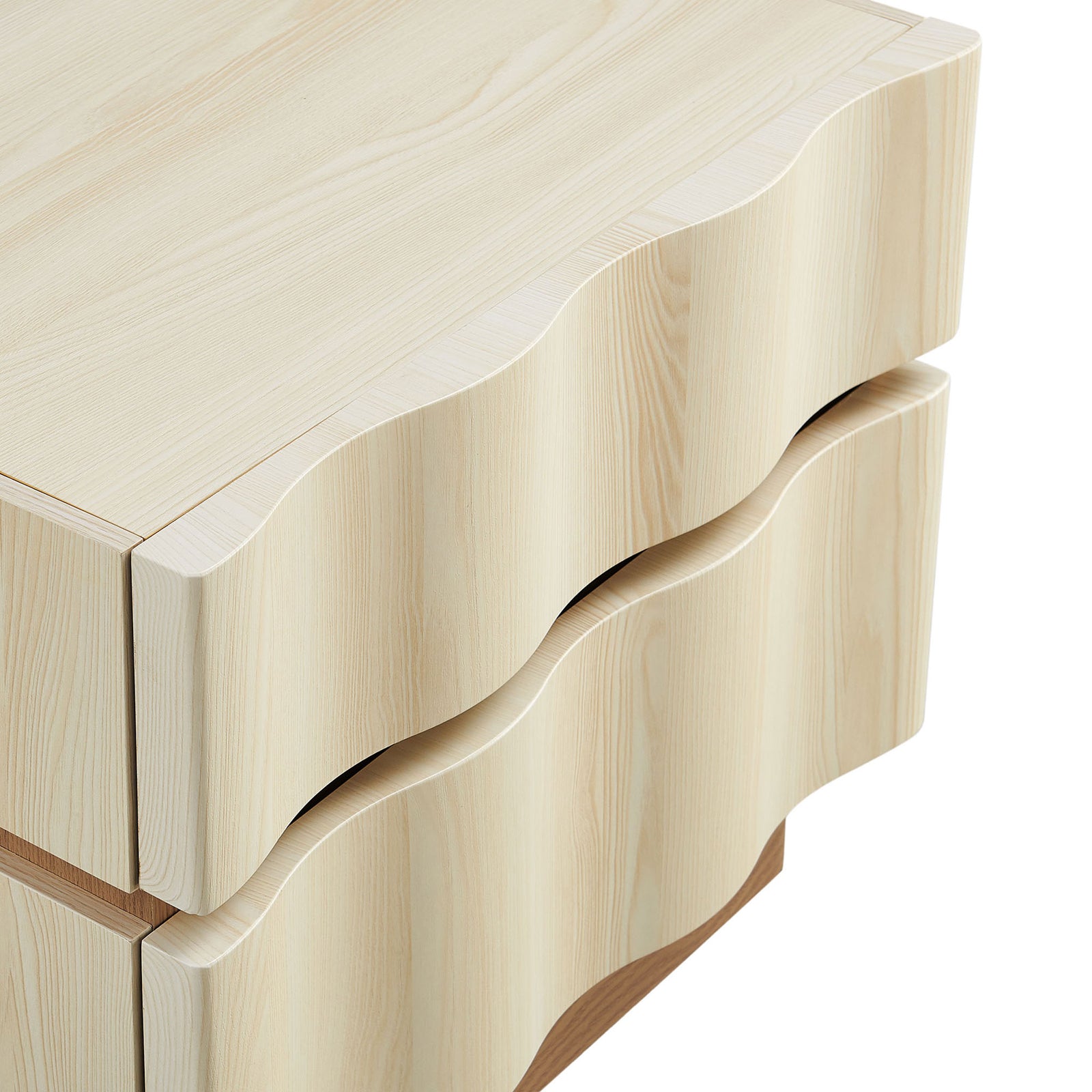 Light oak wood grain and softly sculpted drawer edges create a fluid, organic look on this modern nightstand. || MOD-7243-WHI-LOA || detail_studio