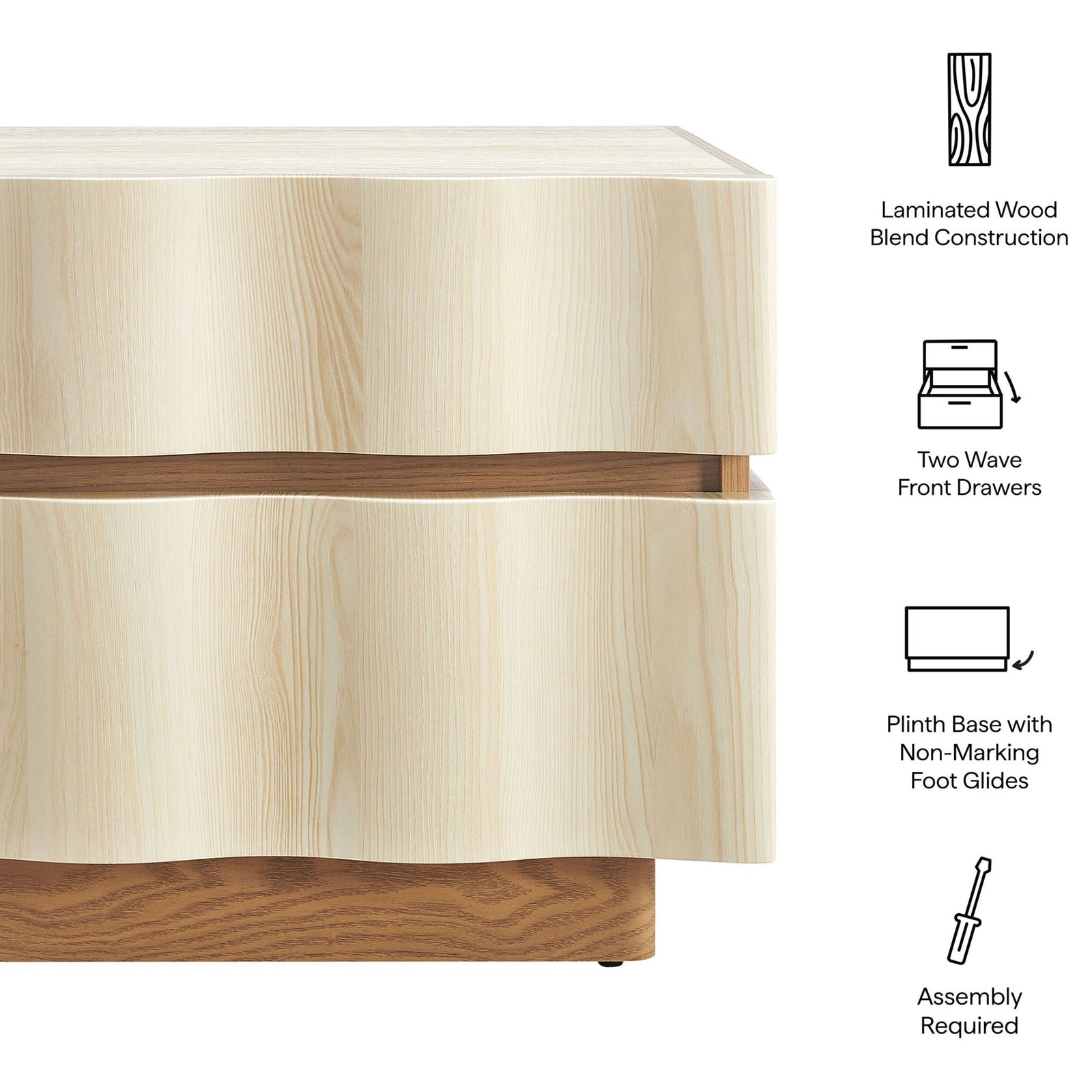 Feature graphic of the nightstand highlighting laminated wood blend, wave drawers, plinth base, and assembly note. || MOD-7243-WHI-LOA || callout_studio